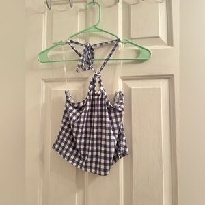 Size large blue white checkered halter neck tie cropped crop top